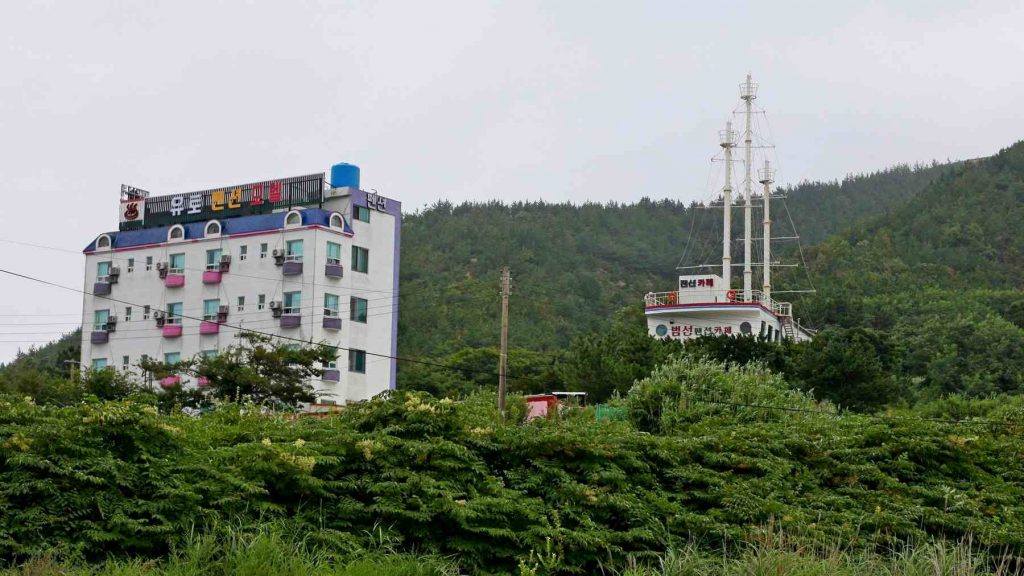 A motel and cafe in the form of a ship near the city of Pohang in South Korea.