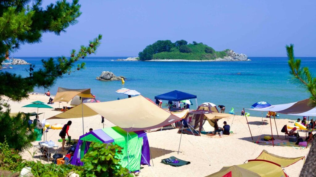 A serene section at the top of Hwajinpo Beach, where families gather under tents on the sandy shore, facing the uninhabited Geumgu Island in the distance.