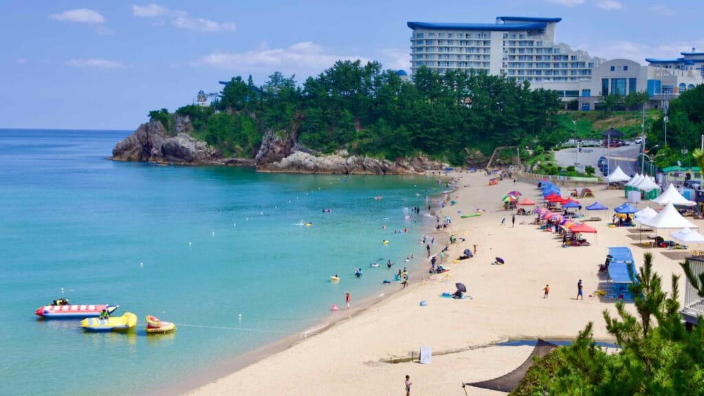 Overlooking Jeungsan Beach, the Sol Beach Samcheok resort graces the hillside in Samcheok City, with beachgoers enjoying the clear waters and floats dotting the sea.