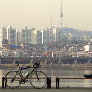 Bike along the Hangang River with Namsan Tower in the background.