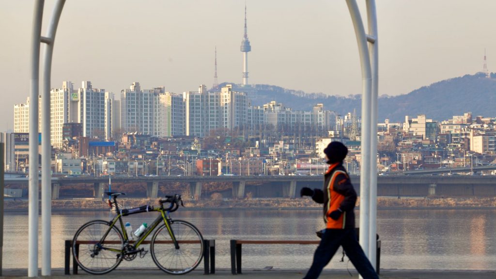 A bike sits in Hangang Park in Seoul. Namsan tower stands in the background.