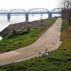 A bicycle lays near the bike path near Yangsan along the Cross-Country bicycle path in South Korea.