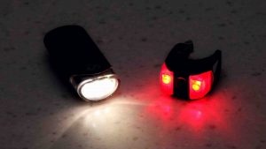 A picture of front and rear bike lights.