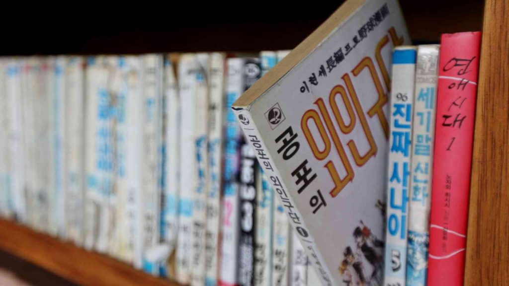 A picture of a Korean language book on a bookshelf.