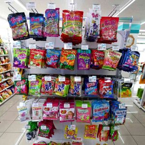A picture of bags of candy in a Korean convenience store.