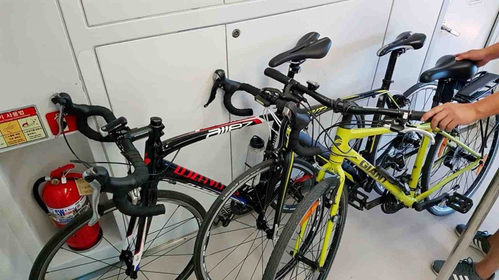 A picture of bicycles on the Incheon and Seoul Subway in South Korea.