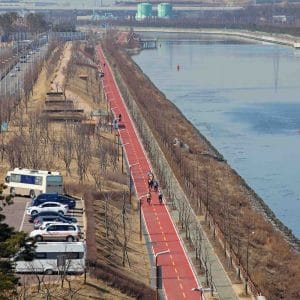 A birds-eye view of the Ara Bike Path in Incheon, South Korea.