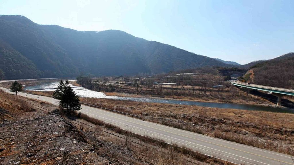 A picture of the horsehoe river bend in the Jinnamgyoban Area in Mungyeong City, South Korea.