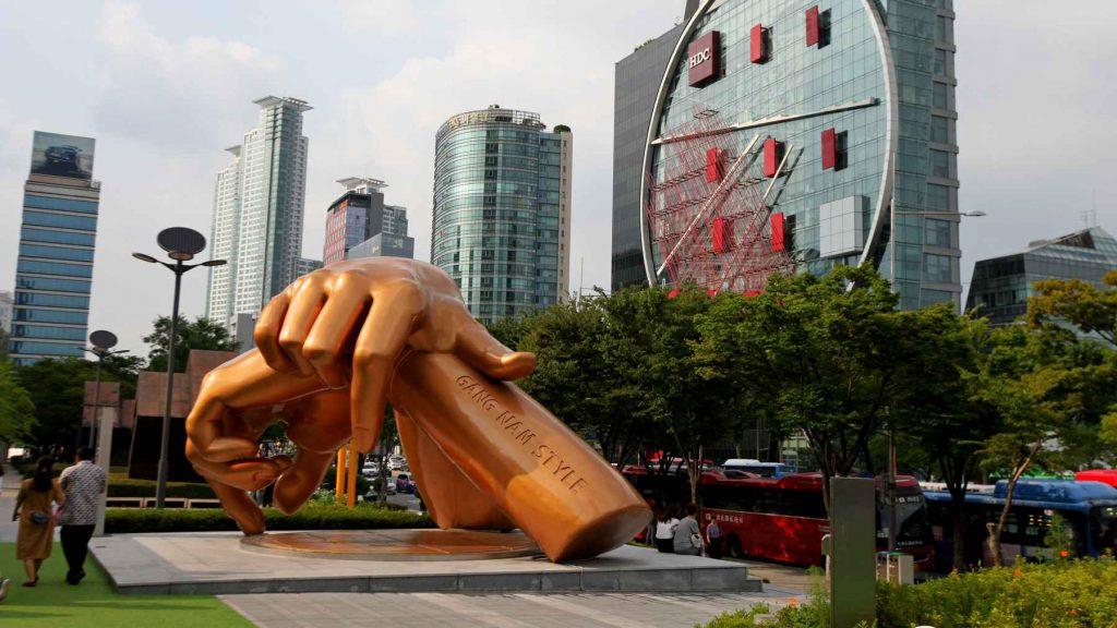 The Gangnam Style Statue adorns the courtyard outside COEX Mall in the Gangnam District.