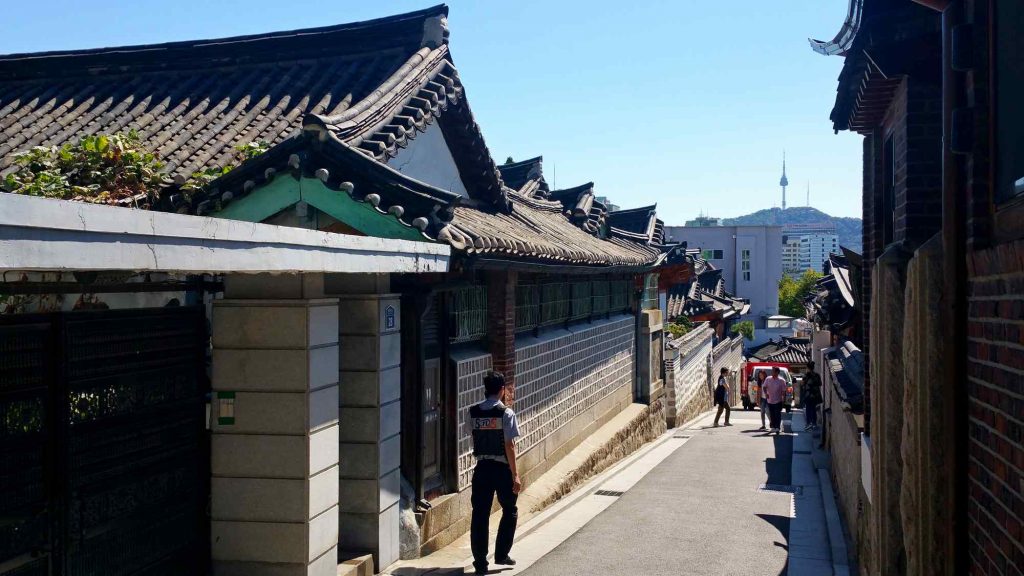 Bukchon Hanok Village sits between Gyeongbok and Changdeok Palaces in the Jongno District of Seoul, within the Joseon Dynasty's old city. It housed the bureaucratic elite.