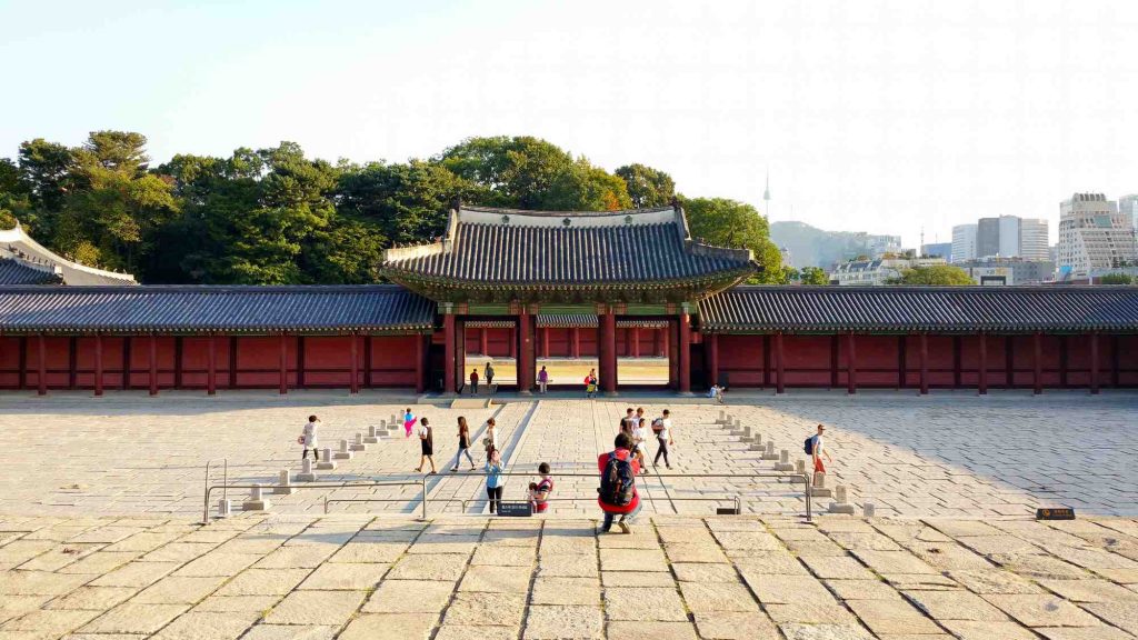 A reverse view from Changdeok Palace's main hall shows the palace's central location in Seoul.