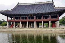 A pavilion on an artificial in Gyeongbok Palace in the Jongno District in Seoul.