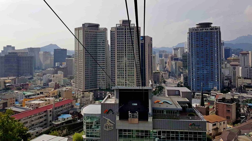 The Namsan Cable Car takes passengers to the top of Namsan Mountain and N Seoul Tower.