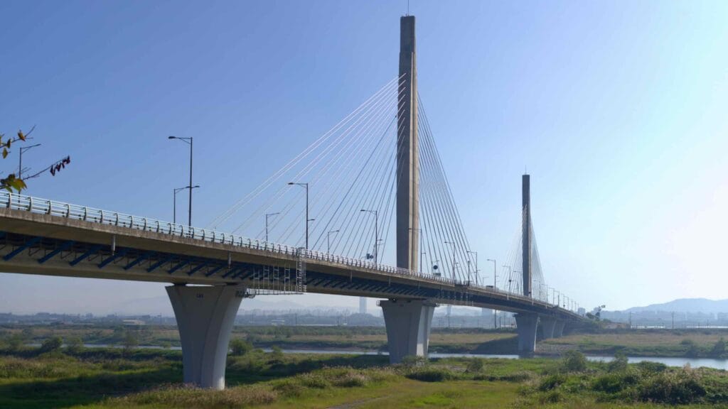 A view of the cable-stayed Bitgaram Bridge stretching over the Yeongsan River