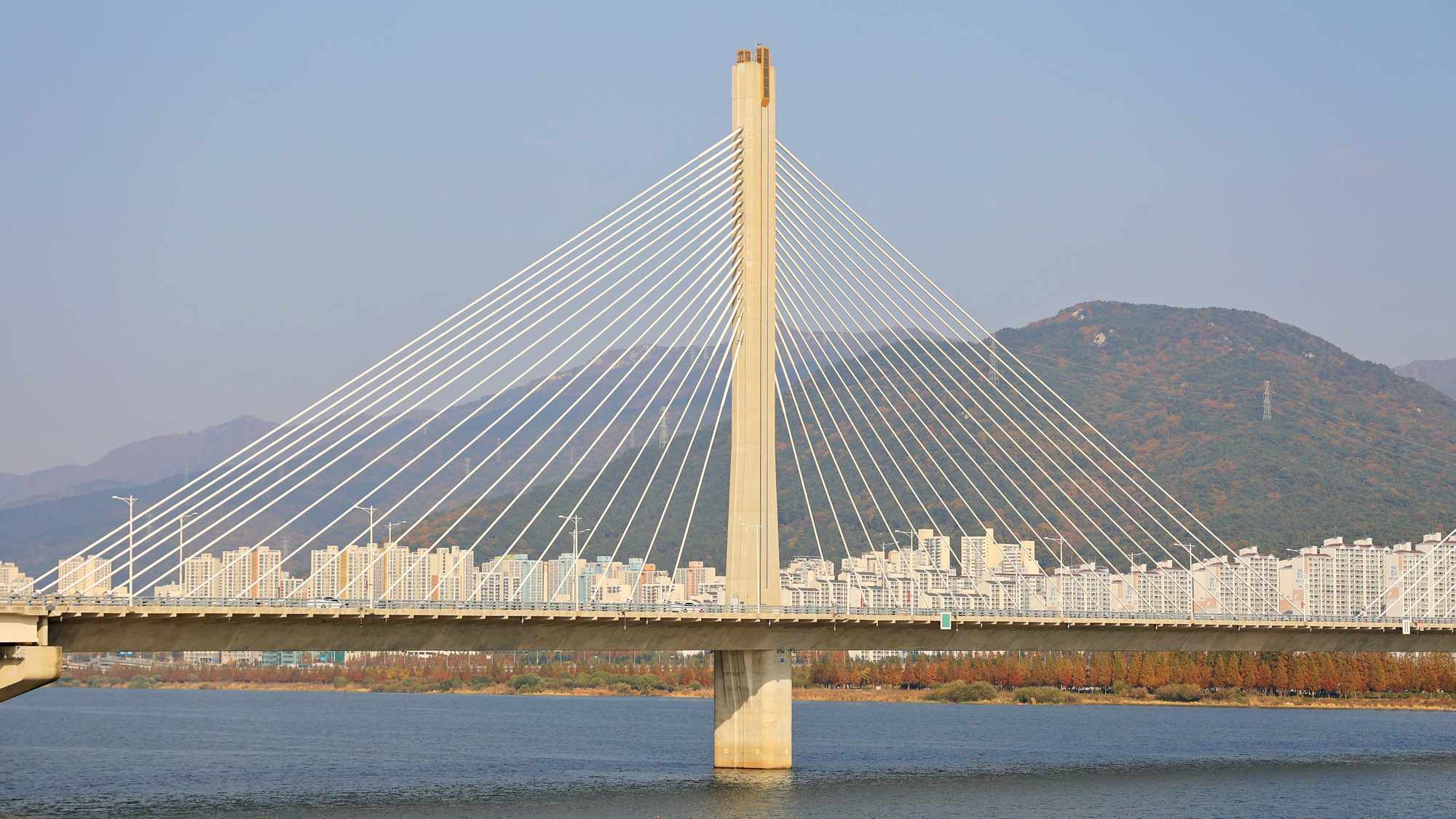 A picture of Daedong Hwamyeong Bridge (대동화명대교), which crosses the Nakdong River (낙동강) along the Nakdonggang Bike Path (낙동강자전거길) in Busan, South Korea.