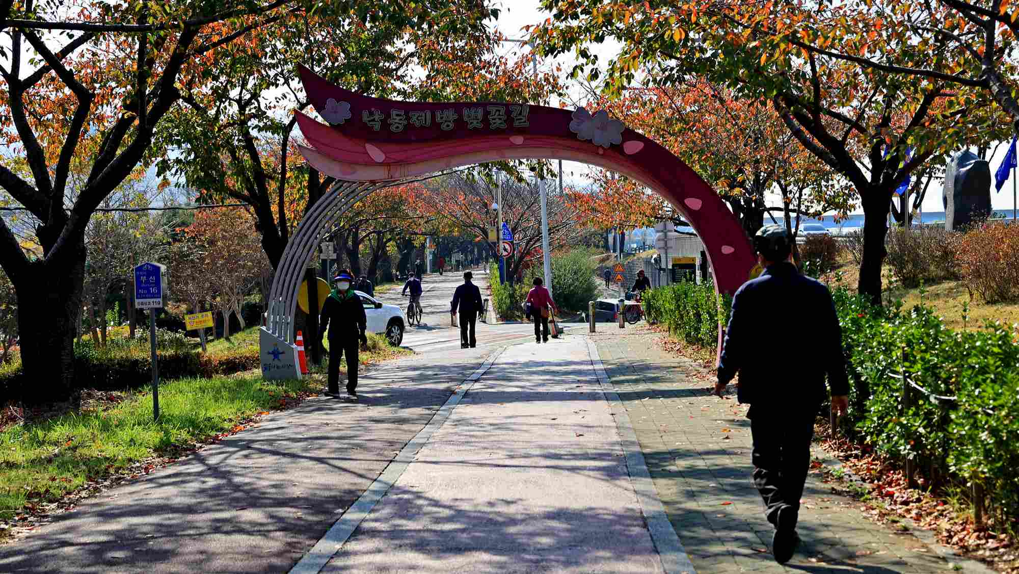 A picture of the Nakdonggang Bike Path crossing Samnak Ecological Park (삼락생태공원) along an embankment between Gangbyeon and Nakdong Roads in Busan, South Korea.