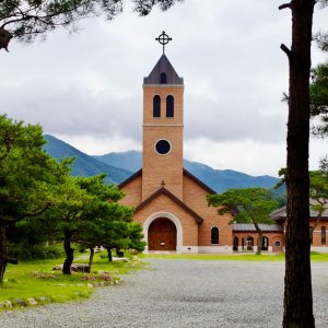 A picture of Yeonpung Holy Land (천주교연풍성당) in Yeonpung Village in Goesan County on the Saejae and Ocheon Bicycle Paths, South Korea.