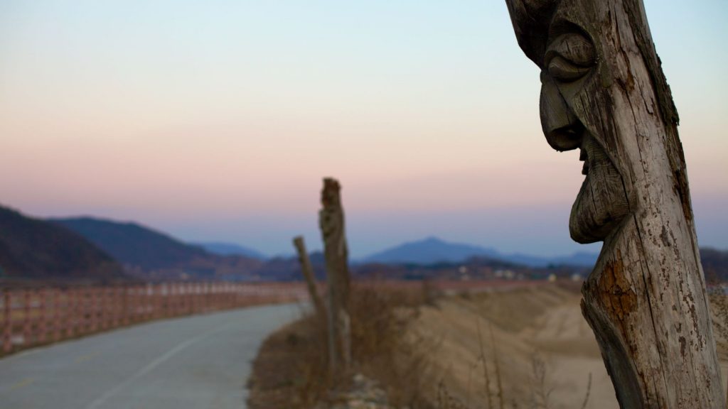 A picture of Jangseung Poles near the South Han River (남한강) along the Hangang Bike Path (한강자전거길) in Chungju City, South Korea.