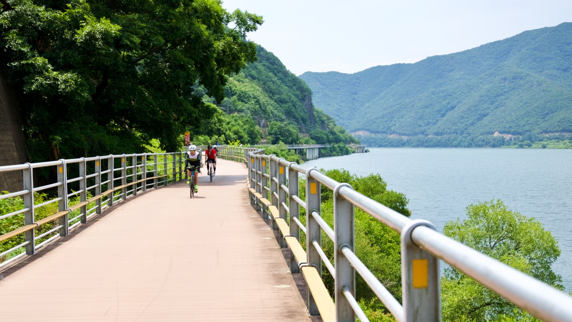 A picture of the boardwalk cycling paths along the Nakdonggang Bike Path (낙동강자전거길) in Samrangjin Town (삼랑진읍) along the Nakdong River (낙동강) in South Korea.