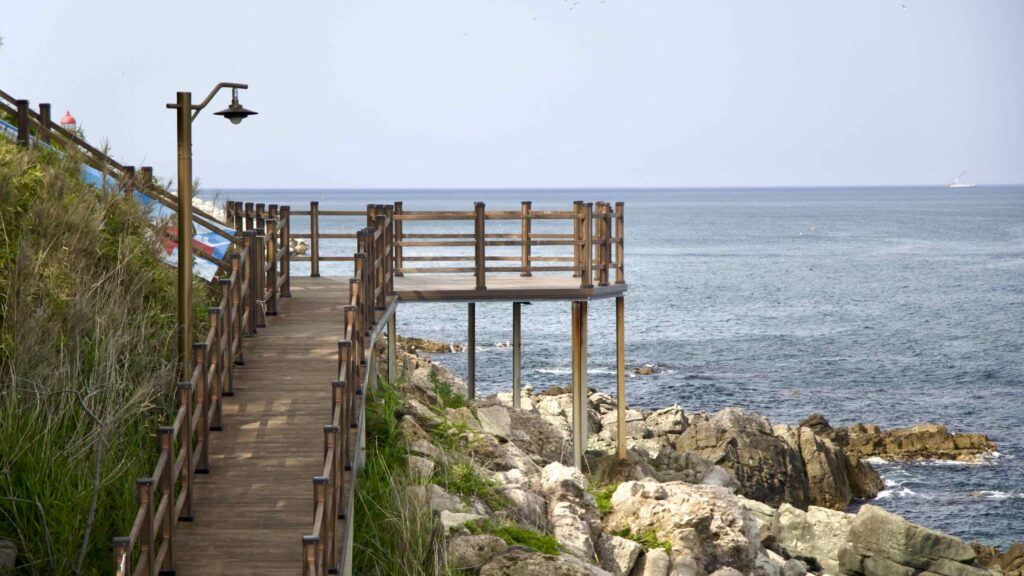 Wooden walkways with picturesque views surround Jukdo Mountain in Chuksan Port.