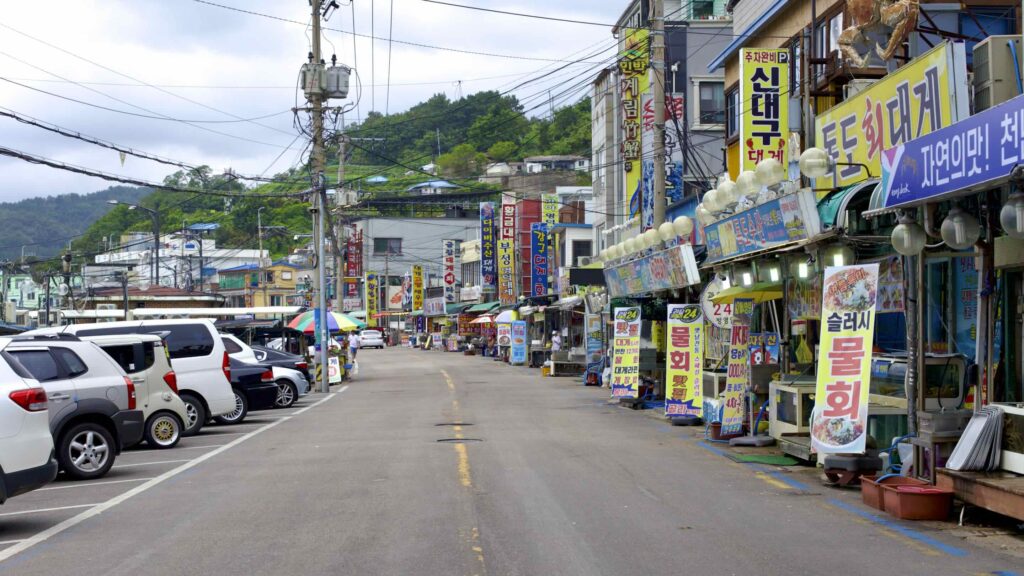 A picture of “Snow Crab Street” (영덕대게로) in Ganggu Port, Yeongdeok County, South Korea.
