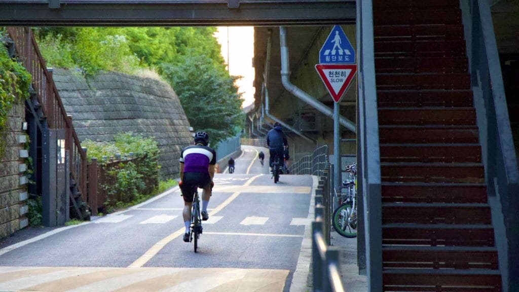 A picture of the cycling paths under Olympic Boulevard in Banpo Hangang Park (반포한강공원) in Seoul, South Korea.