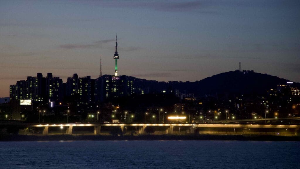 A picture of Namsan Mountain (남산) and Namsan Tower (남산서울타워) in the Yongsan District in Seoul, South Korea.
