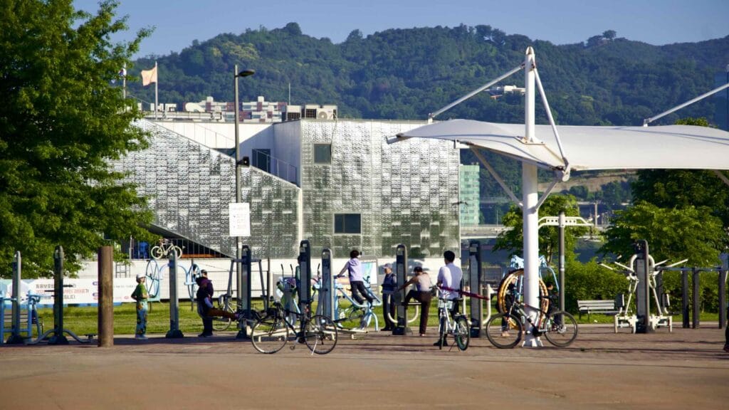 A picture of cyclists in Gwangnaru Hangang Park (광나루한강공원) in Seoul, South Korea.