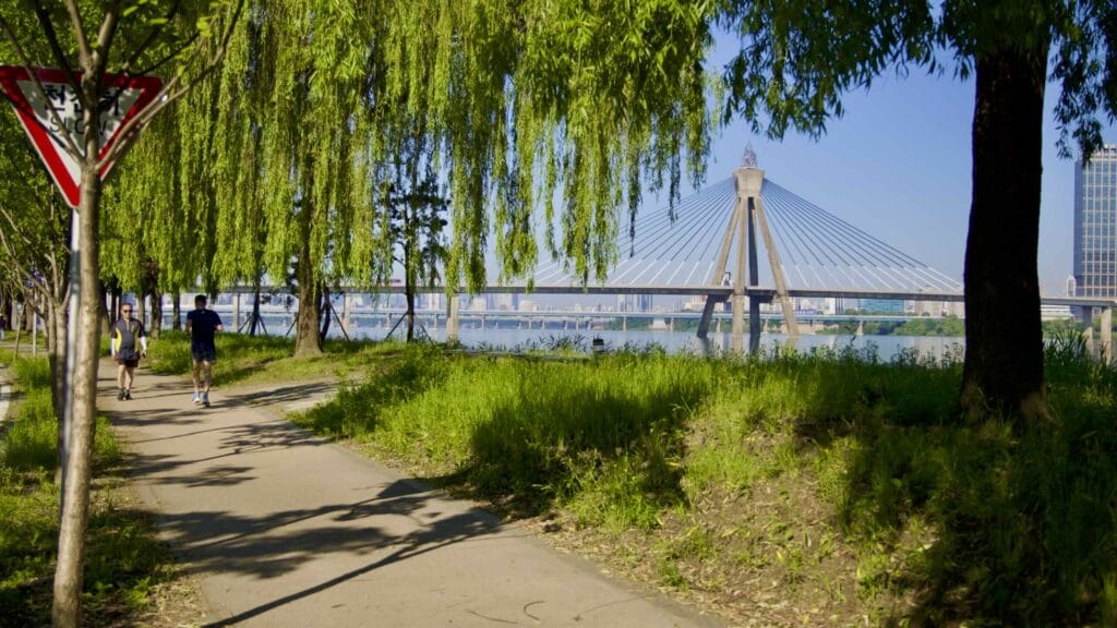 A picture of Olympic Bridge (올림픽대교) crossing the Han River between the Gwangjin and Songpa Districts in Seoul, South Korea.