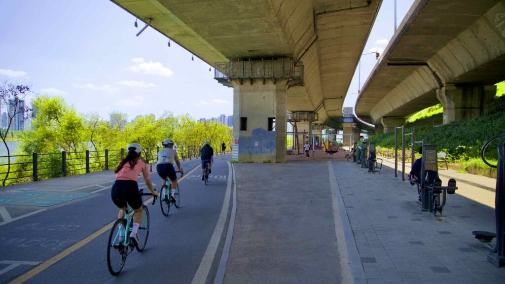 A picture of the bike path under the Gangbyeon Expressway in Ichon Hangang Park (이촌한강공원) in Seoul, South Korea.