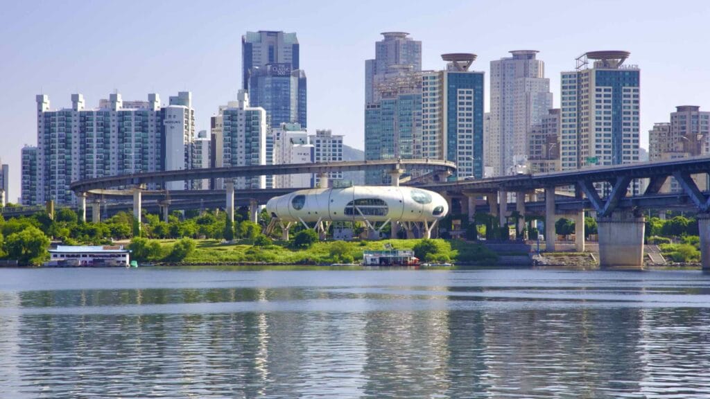 A picture of the J-Bug Cultural Complex (뚝섬자벌레) in Ttukseom Hangang Park in Seoul, South Korea.
