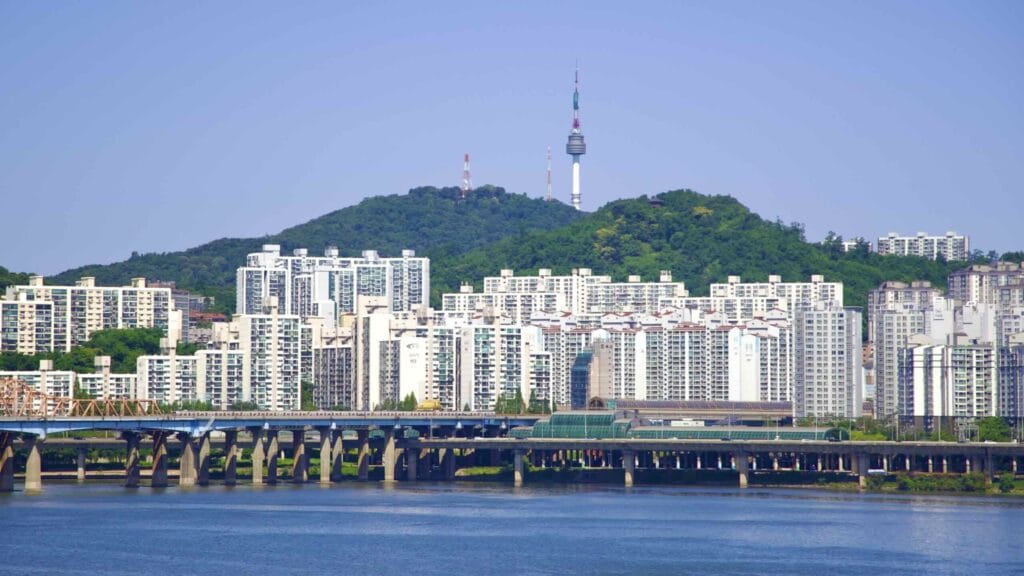 A picture of Namsan Mountain (남산) and Namsan Tower (남산서울타워) in the Yongsan District in Seoul, South Korea.