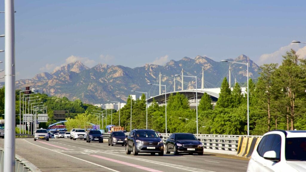 The view of Bukhansan Mountain in Seoul, South Korea from the north end of World Cup Bridge.