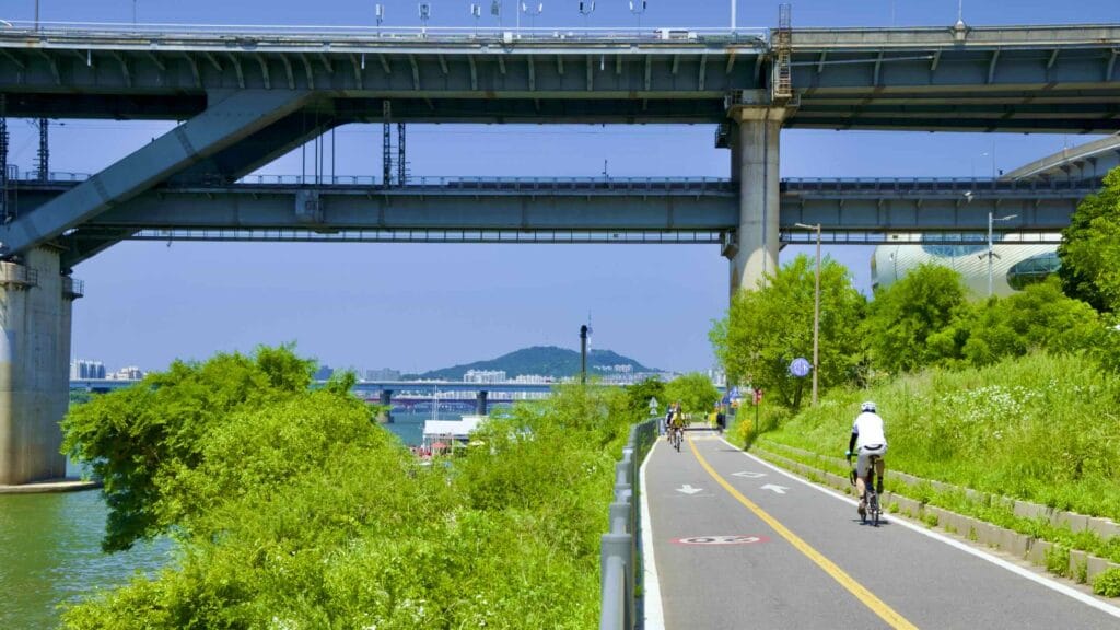 A picture of the bike path near Waterfront Square (수변광장) in Ttukseom Hangang Park (뚝섬한강공원), in Seoul, South Korea.