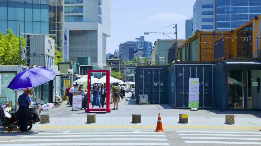A picture of container buildings in the Seongsu Neighborhood (성수동) in Seoul, South Korea.