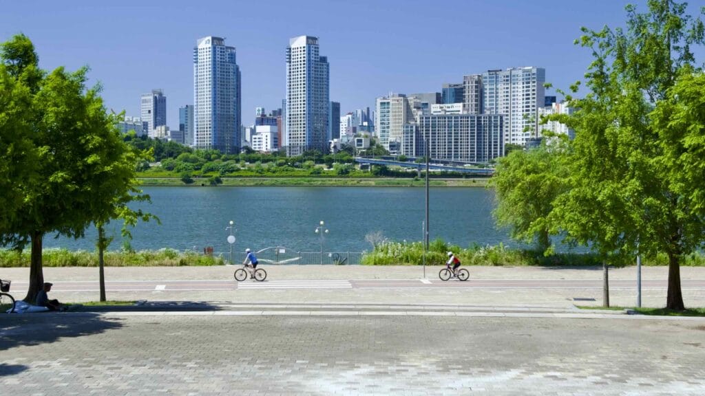 A picture of the bike path near Waterfront Square (수변광장) in Ttukseom Hangang Park (뚝섬한강공원), in Seoul, South Korea.