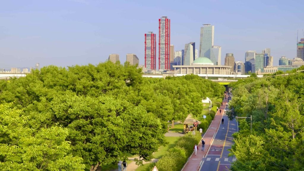 A picture of the National Assembly Building and the Yeouido Skyline from Yanghwa Hangang Park (양화한강공원) in Seoul, South Korea.