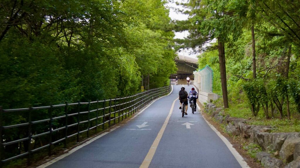 A picture of the cycling paths under Olympic Boulevard in Banpo Hangang Park (반포한강공원) in Seoul, South Korea.
