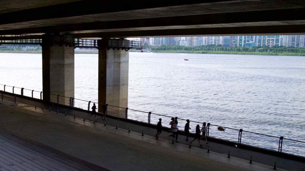 A picture of the cycling paths under Olympic Boulevard in Banpo Hangang Park (반포한강공원) in Seoul, South Korea.