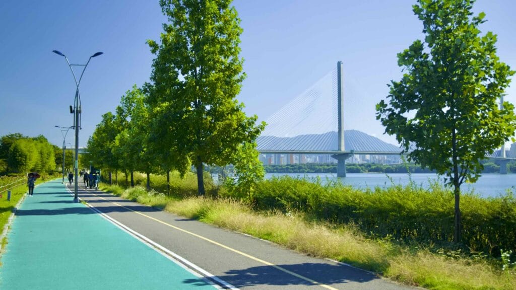 A picture of Godeok Grand Bridge from Guri Han River Park (구리한강시민공원) on the Hangang Bike Path (한강 자전거길) in Guri City (구리시) South, Korea.