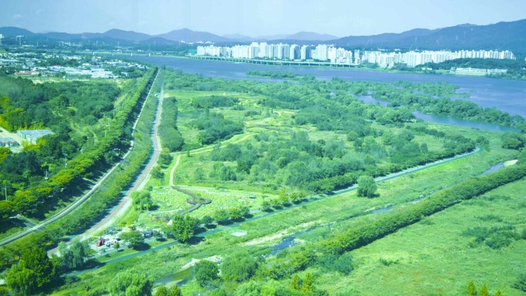 A picture of the Hangang Bike Path and green fields in Hanam City (하남시) South, Korea.