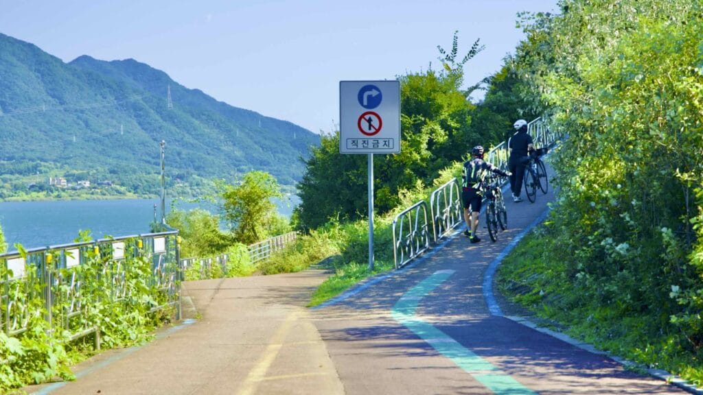 A picture of the split-lane bike path on the Hangang Bike Path (한강 자전거길) in Hanam City (하남시) South, Korea.