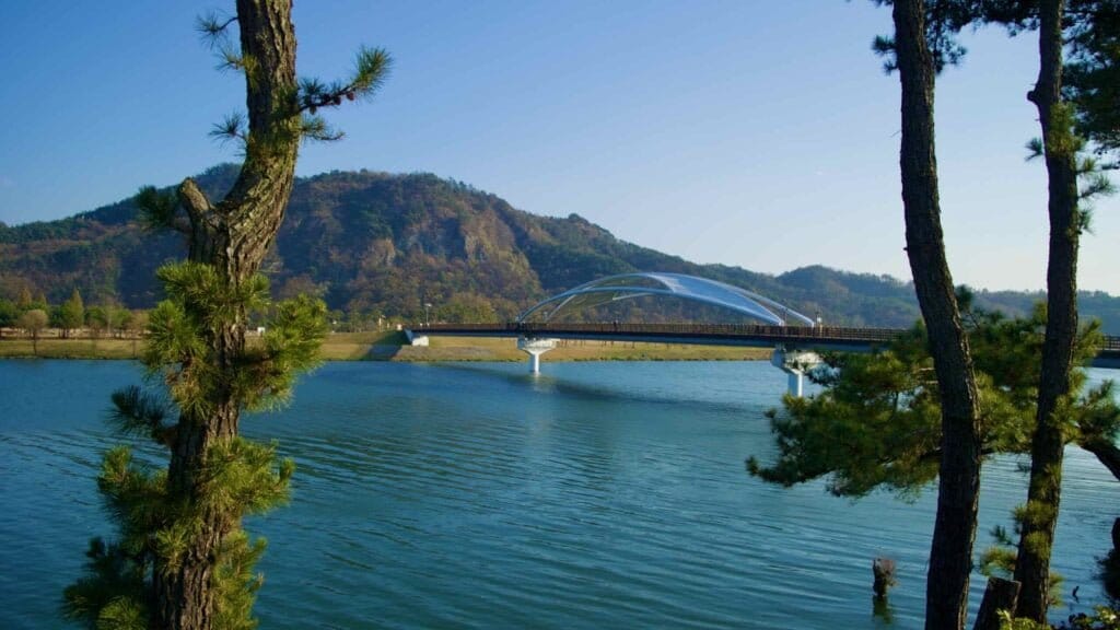 A picture of Gyeongcheon Bridge leading to Gyeongcheon Island Park near Sangju City, South Korea.