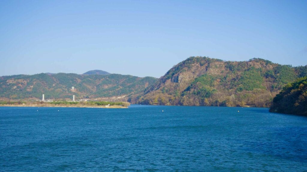 A picture of the rock-faced Bibong Mountain hangs above the Nakdong River near Gyeongcheon Island Park.