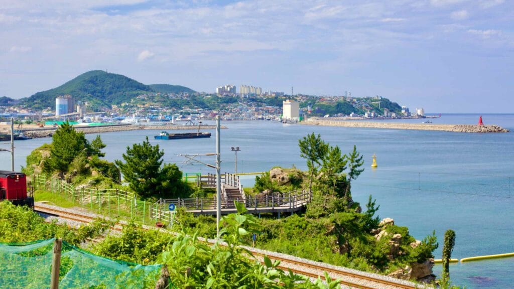 From an observation platform on a lush green hillside, the view extends over Mukho Port where ships rest in calm waters behind the breakwater.