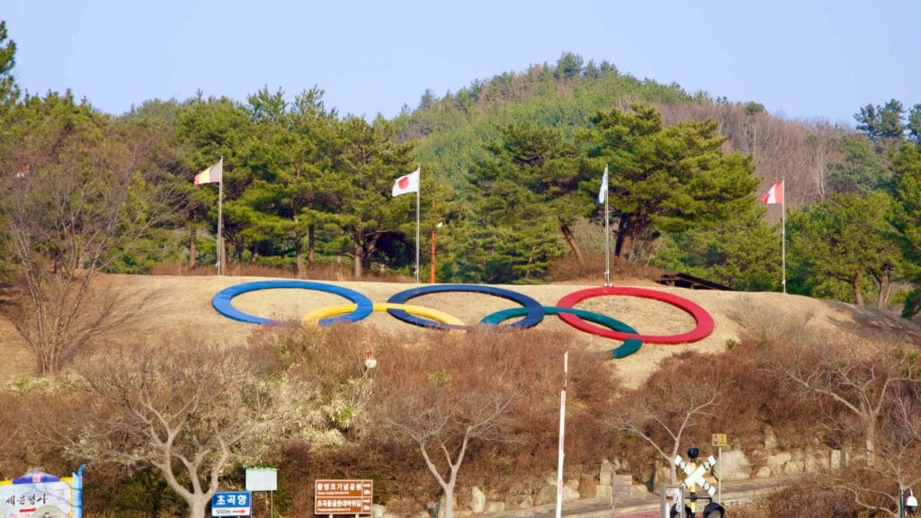 A tribute to Olympic marathon gold medalist Hwang Young-jo, the Olympic rings are displayed on a hillside in Hwang Young-jo Memorial Park, flanked by flagpoles bearing various country flags, embodying the spirit of international sportsmanship and the legacy of a national hero.