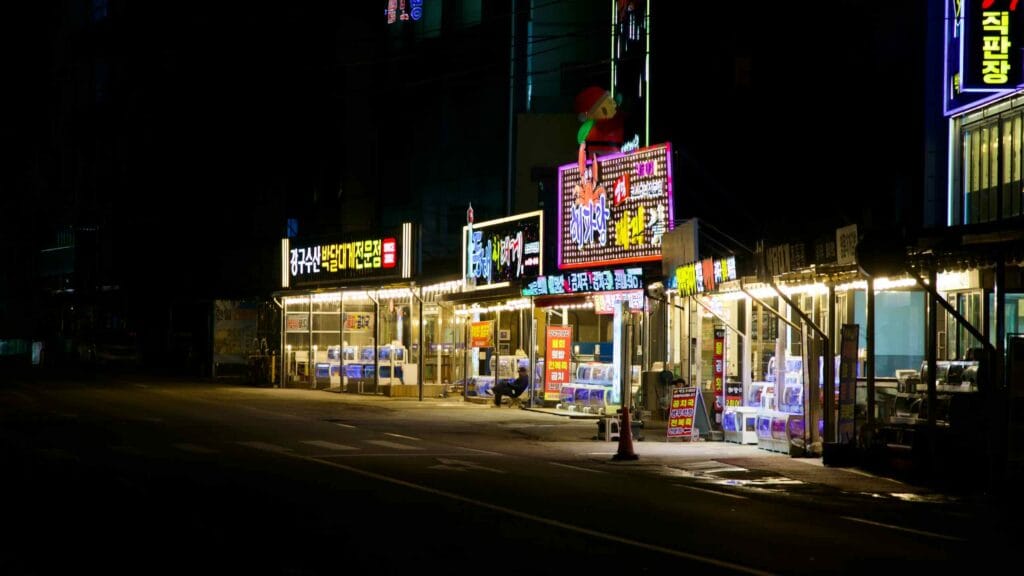 Brightly lit snow crab restaurant storefronts stand out against the black night in Ganggu Port, inviting diners to a culinary experience.