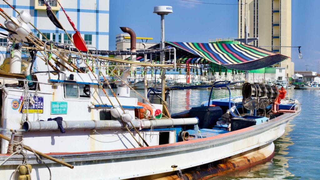 A squid fishing boat at Mukho Port, decked with large lightbulbs for night fishing, sets a picturesque scene with the Mukho Port Observatory and fish market in the background.