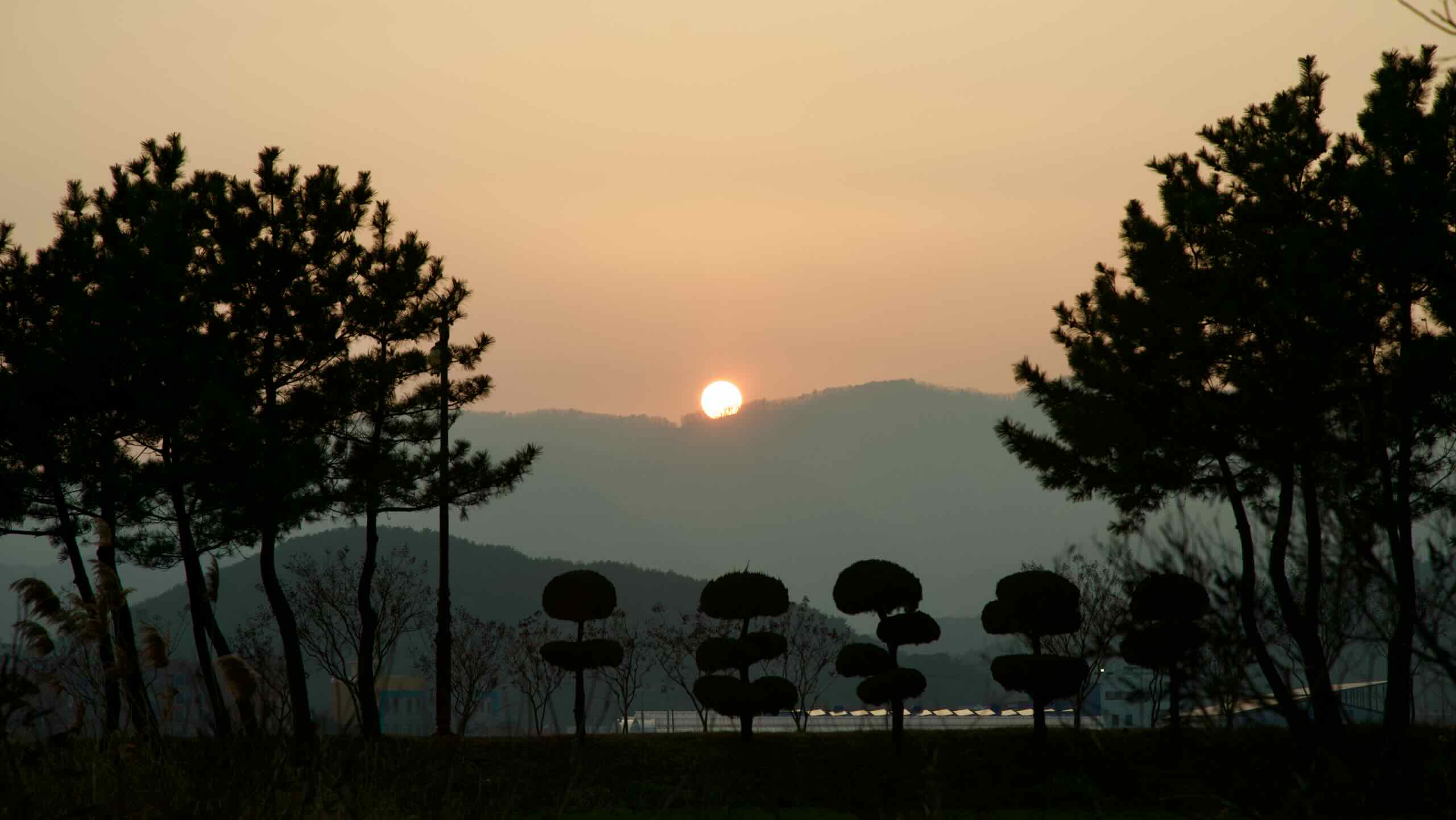 Sunset near Deokbong Mountain with the sun dipping below distant mountains, casting an orange glow across the sky, framed by trees on the edges.