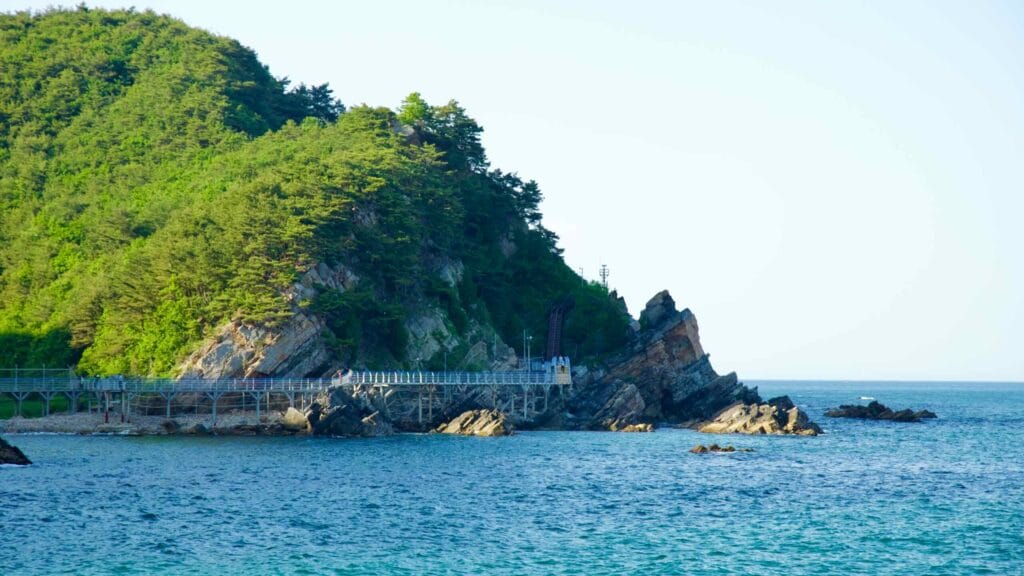 The Jeongdong Simgok Sea Fan Road winds along the Heonhwa coastline, offering breathtaking views of the lush, green hills and the turquoise waters of the East Sea.